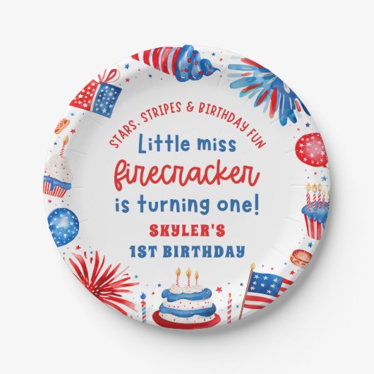 Assiettes En Carton Little Miss Firecracker 4 juillet 1er anniversaire (Devant)