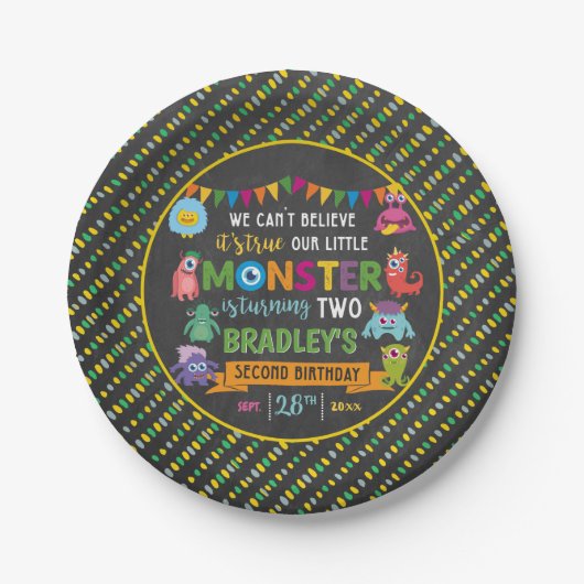 Assiettes En Carton Little Monster Chalkboard 2e fête d'anniversaire (Devant)