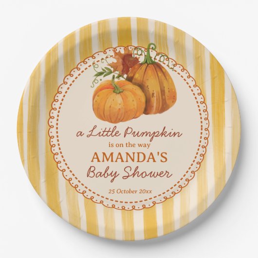 Assiettes En Carton Little pumpkin retro stripes baby shower monogram (Devant)