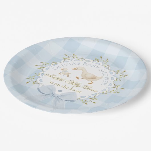 Assiettes En Carton Little Silly Goose Blue Gingham Baby Shower (Angle)