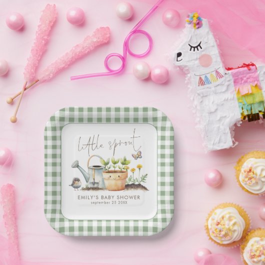 Assiettes En Carton Little Sprout Sage Gingham Garden Baby Shower (Fête)