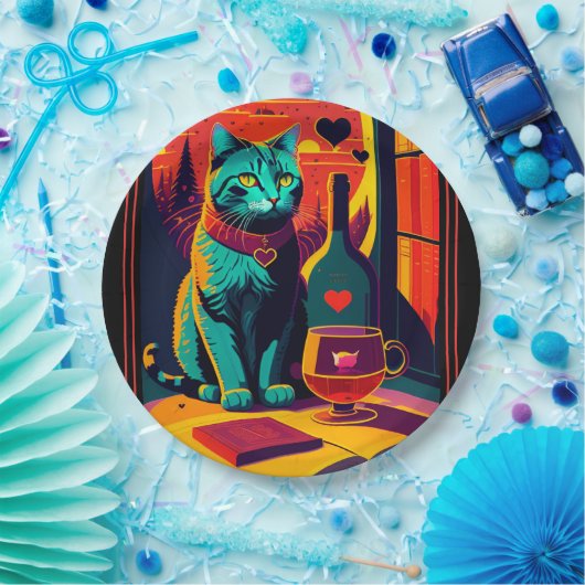 Assiettes En Carton Livres Et Vins Personnalisés Sunset Cat (Fête)