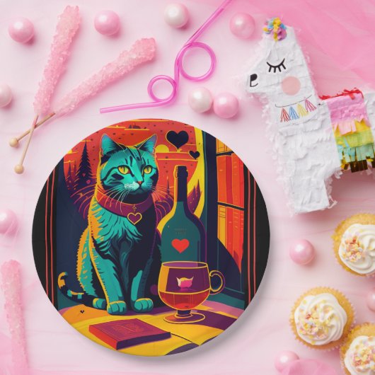Assiettes En Carton Livres Et Vins Personnalisés Sunset Cat (Fête)