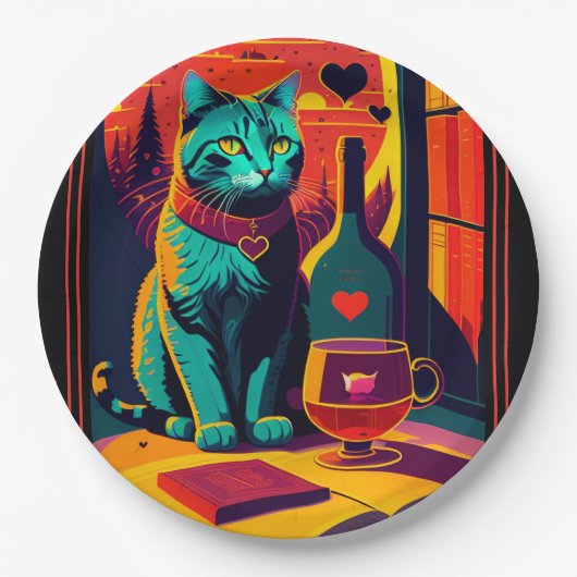 Assiettes En Carton Livres Et Vins Personnalisés Sunset Cat (Devant)