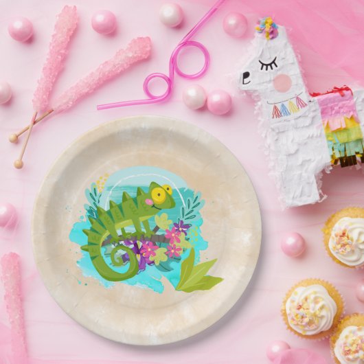 Assiettes En Carton Lizard vert tropical aux fleurs (Fête)