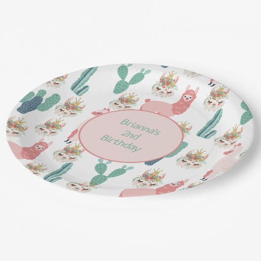 Assiettes En Carton Llama rose mignonne et cactus vert personnalisés (Angle)