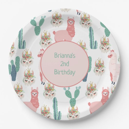 Assiettes En Carton Llama rose mignonne et cactus vert personnalisés (Devant)