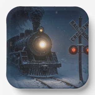 Assiettes En Carton Locomotive à vapeur vintage en hiver