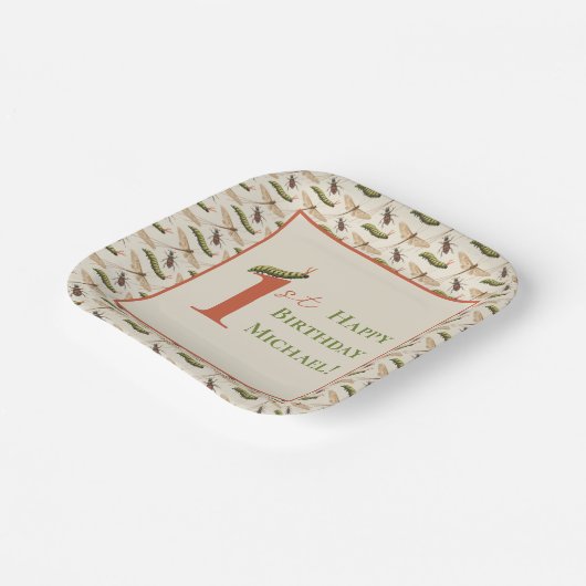 Assiettes En Carton Log Bug Insect Nom personnalisé 1er anniversaire (Angulaire)