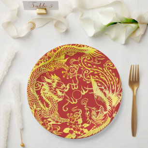 Assiettes En Carton Logo du mariage chinois Dragon phoenix