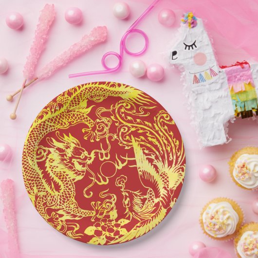 Assiettes En Carton Logo du mariage chinois Dragon phoenix (Fête)