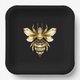 Assiettes En Carton Logo Faux Gold Foil Bee Polygonal sur Noir