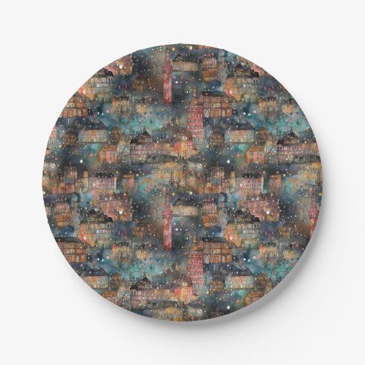 Assiettes En Carton Londres à Noël & Nouvel An en aquarelles (Devant)