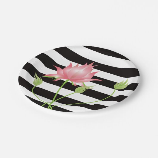 Assiettes En Carton Lotus rose moderne rayures florales (Angle)