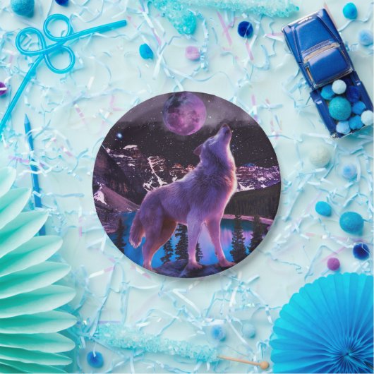 Assiettes En Carton Loup gris hurlant dans la forêt (Fête)