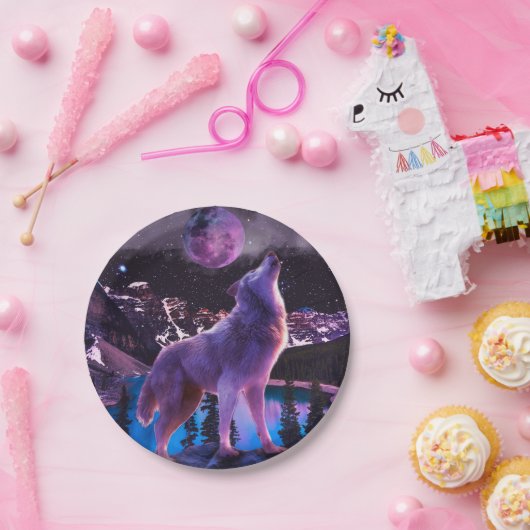 Assiettes En Carton Loup gris hurlant dans la forêt (Fête)