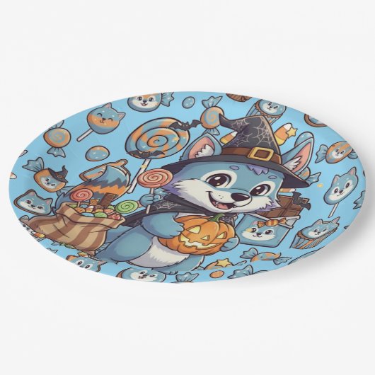 Assiettes En Carton Loup mignon avec bonbon Éffrayant pour Halloween (Angle)