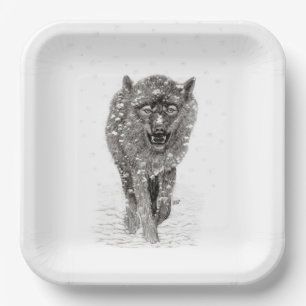 Assiettes En Carton Loup noir en colère dans la neige, hiver sauvage