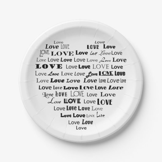 Assiettes En Carton Love Heart Word Cloud - Noir et Blanc (Devant)