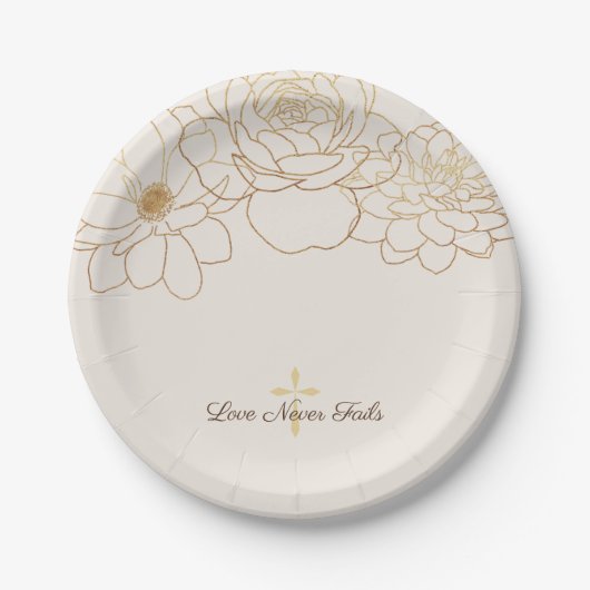 Assiettes En Carton Love Never Fails Gold Flower & Cross Paper Plate (Devant)