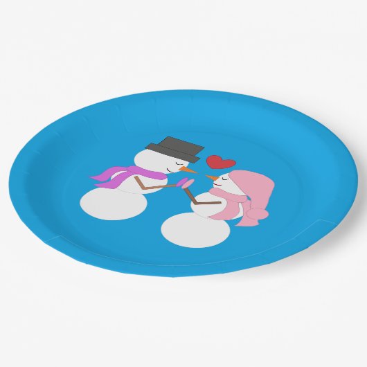 Assiettes En Carton Love & Snowpeople - Bleu-vert : Fête de Noël (Angle)