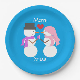 Assiettes En Carton Love & Snowpeople Blue-green : Joyeux Noël