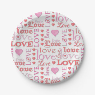 Assiettes En Carton Love Valentine's Day Hearts Typographie Rouge rose