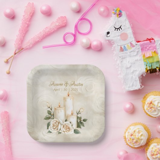 Assiettes En Carton Lumière aux chandelles or et blanc (Fête)