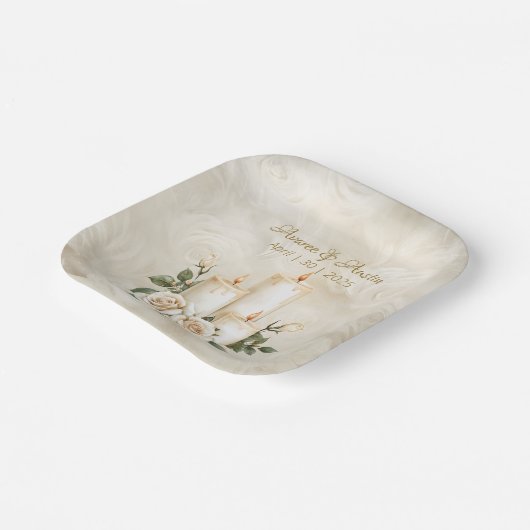 Assiettes En Carton Lumière aux chandelles or et blanc (Angulaire)