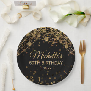 Assiettes En Carton Lumières à cordes en or noir pour anniversaire adu