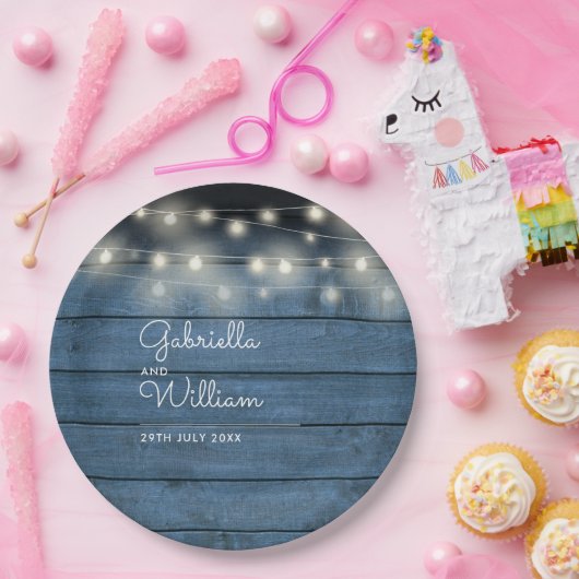 Assiettes En Carton Lumières de chaîne en bois rustique bleu Mariage é (Fête)