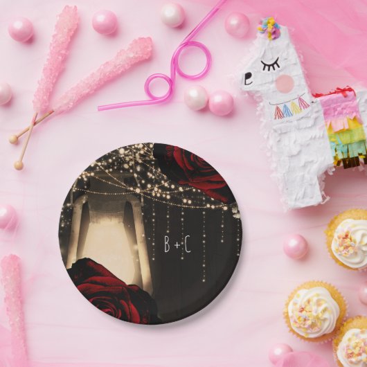 Assiettes En Carton Lumières de lanterne Rustic Glow Roses rouges fonc (Fête)