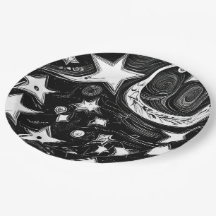 Assiettes En Carton Lune Abstraite Et Étoiles