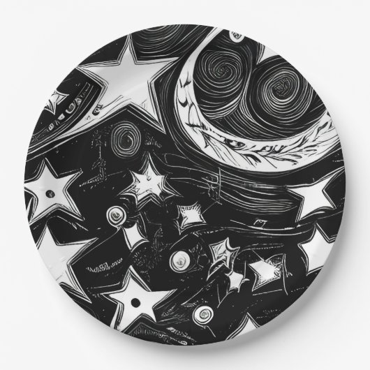 Assiettes En Carton Lune Abstraite Et Étoiles (Devant)