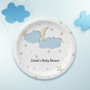 Assiettes En Carton Lune blanche moderne et étoiles Baby shower élégan