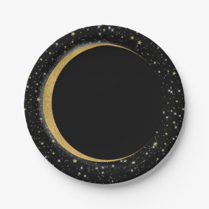 Assiettes En Carton Lune Céleste Étoiles Noires et Dorées Magie Lunair