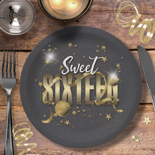 Assiettes En Carton Lune et étoiles Sweet 16 Gold/Blk ID788