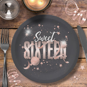 Assiettes En Carton Lune et étoiles Sweet 16 Rose Gold/Blk ID788
