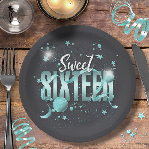 Assiettes En Carton Lune et étoiles Sweet 16 Turquoise/noir ID788