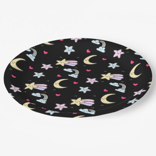 Assiettes En Carton Lune, étoiles et nuages Motif sur noir (Angle)