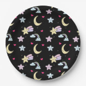 Assiettes En Carton Lune, étoiles et nuages Motif sur noir (Devant)