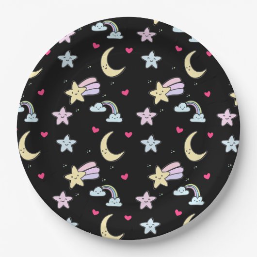 Assiettes En Carton Lune, étoiles et nuages Motif sur noir (Devant)