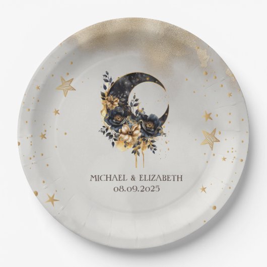 Assiettes En Carton Lune florale céleste, Étoiles (Devant)