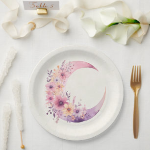 Assiettes En Carton Lune rose Croissant avec de jolies fleurs