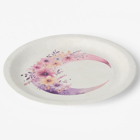 Assiettes En Carton Lune rose Croissant avec de jolies fleurs (Angle)