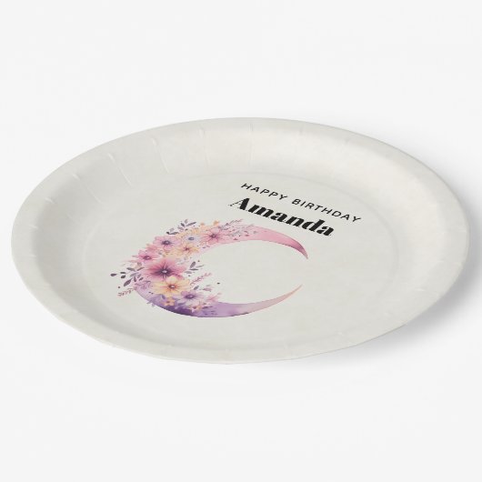 Assiettes En Carton Lune rose Croissant avec de jolies fleurs (Angle)