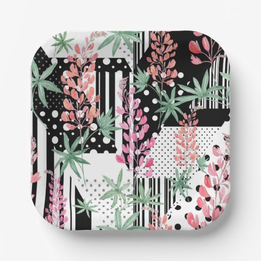 Assiettes En Carton Lupines sur un patchwork arrière - plan noir et bl (Recto)