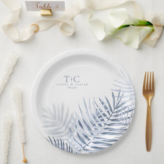Assiettes En Carton Lush Palm Leaf Mariage Blue/Wht ID956 (Mariage)