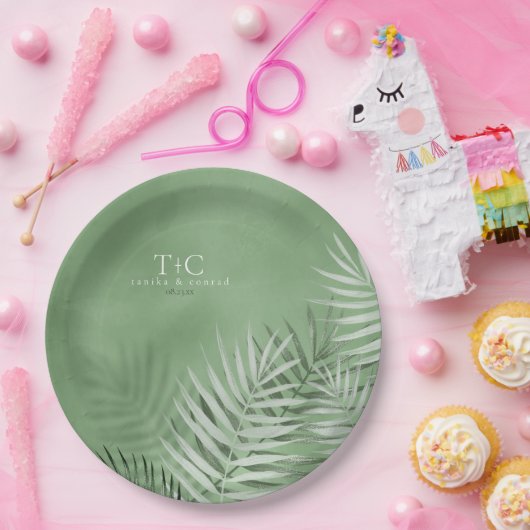 Assiettes En Carton Lush Palm Leaf Mariage Moss Green V2 ID956 (Fête)