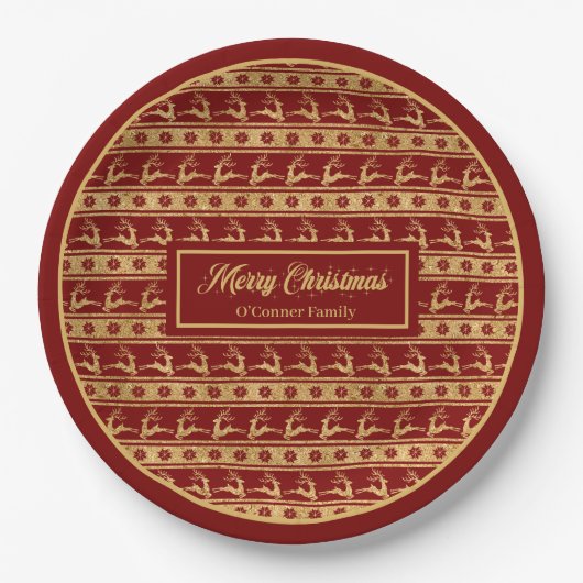 Assiettes En Carton Lux Christmas Plates Custom Red Gold Reindeer (Devant)